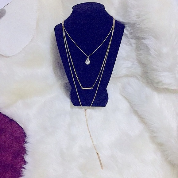 Stylish 3-Tier Layered Golden Tone Bar+Crystal Teardrop Pendant, Long Necklace - Picture 1 of 16